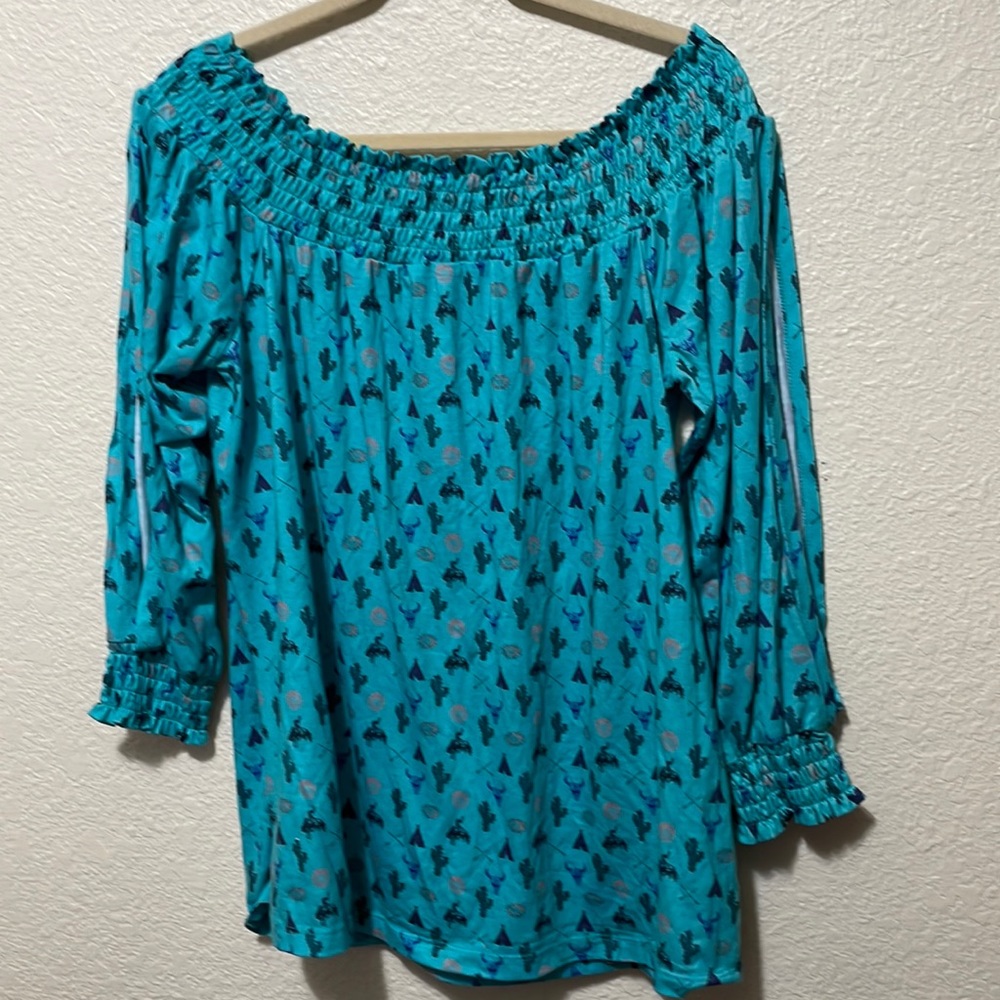 Turquoise Off-Shoulder Smocked Neck Blouse